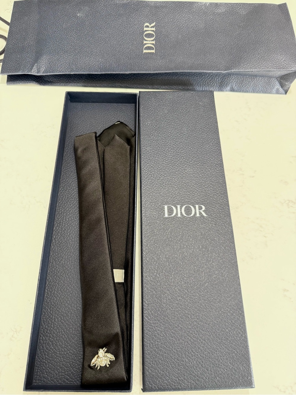Dior Black 100% Silk Handmade Tie Crystal Bee w/ Box & Shopping Bag